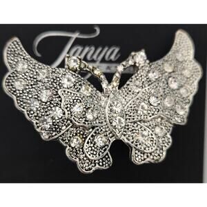 Tanya Collection Rhinestone Silver Tone Butterfly Cocktail Ring w/ Stretchy Band